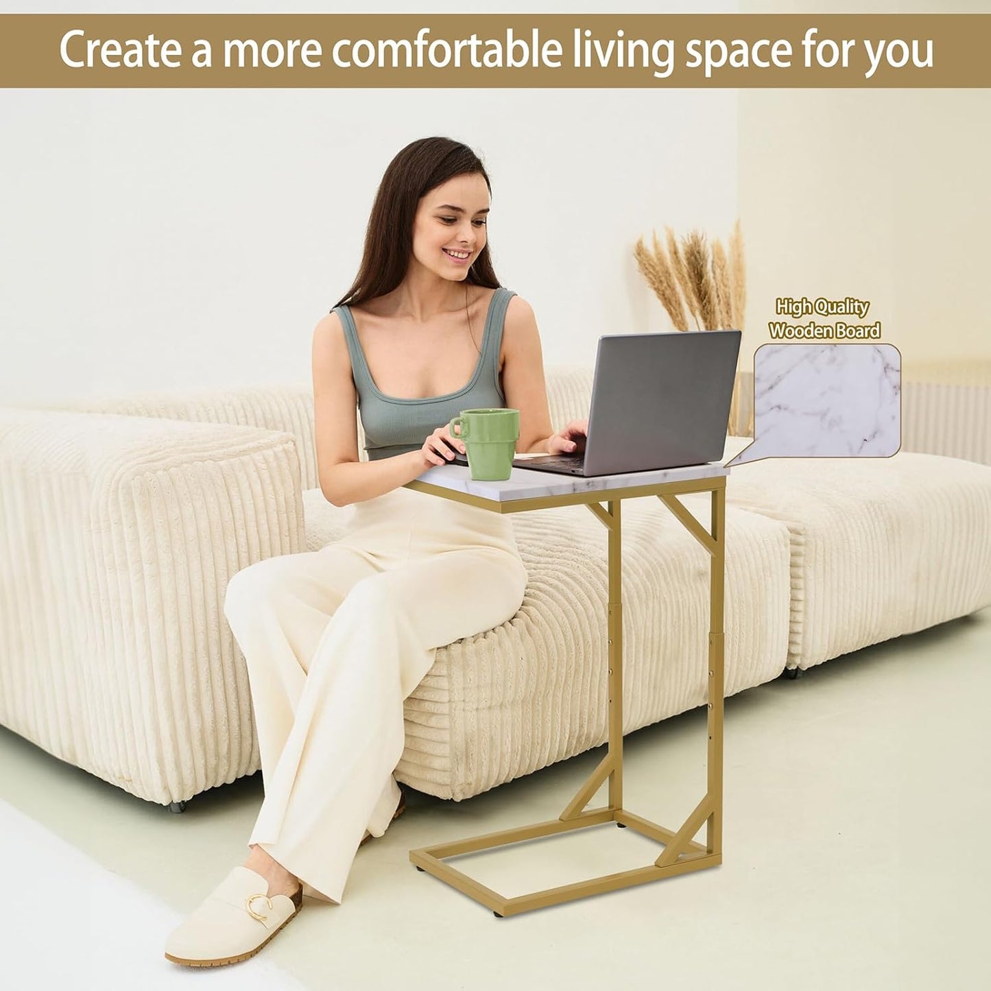 C-Shaped End Table, Sturdy Side Table for Couch Sofa Bedside Small Space,C Snack Table TV Tray Record Player Stand Small Tables for Living Room Bedroom,Easy to Assemble,Gold