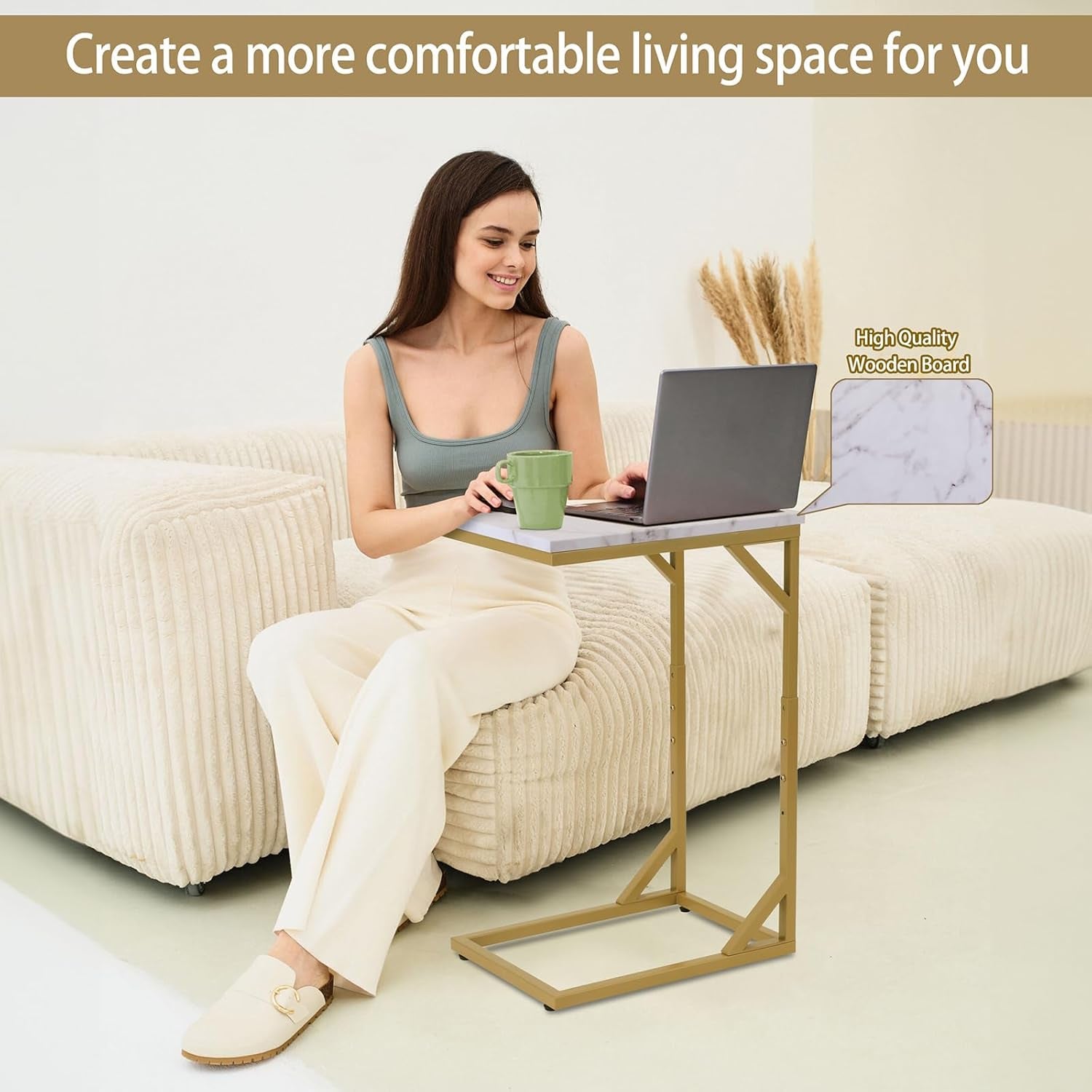 C-Shaped End Table, Sturdy Side Table for Couch Sofa Bedside Small Space,C Snack Table TV Tray Record Player Stand Small Tables for Living Room Bedroom,Easy to Assemble,Gold