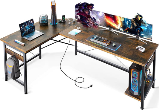 66" L Shaped Gaming Desk with Outlet, L Shaped Desk with CPU Stand, Corner Computer Desk, Home Office Desk, Writing Desk, Vintage