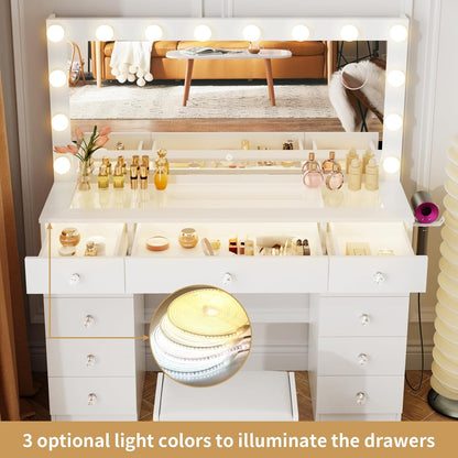 Vanity with Lighted Mirror - Makeup Vanity Desk with Glass Top and 11 Drawers, 3 Color Lighting Modes Adjustable Brightness, 46" Vanity Table with Soft Cushioned Stool for Bedroom, White