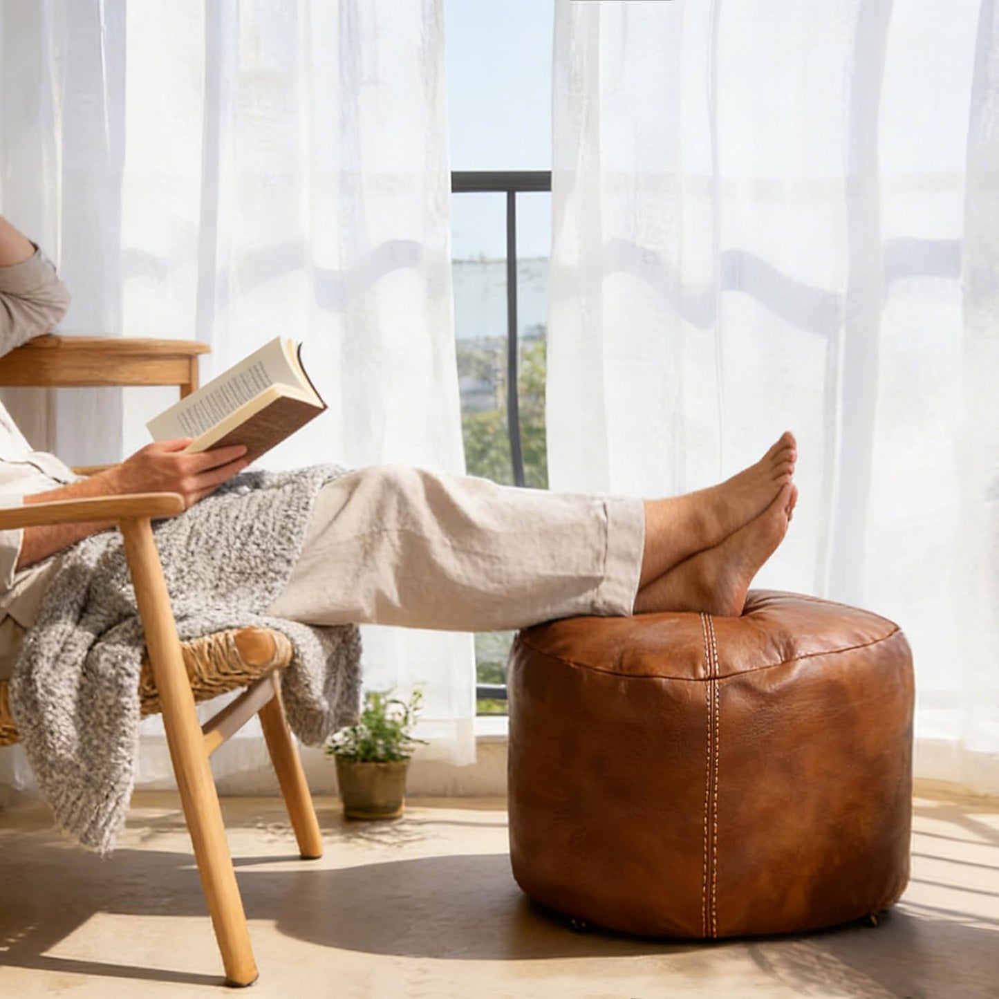 Unstuffed Faux Leather Pouf Cover, Handmade Footstool Ottoman Storage Solution, Floor Footrest Cushion, 16.5”Dx12”H, Amaretto