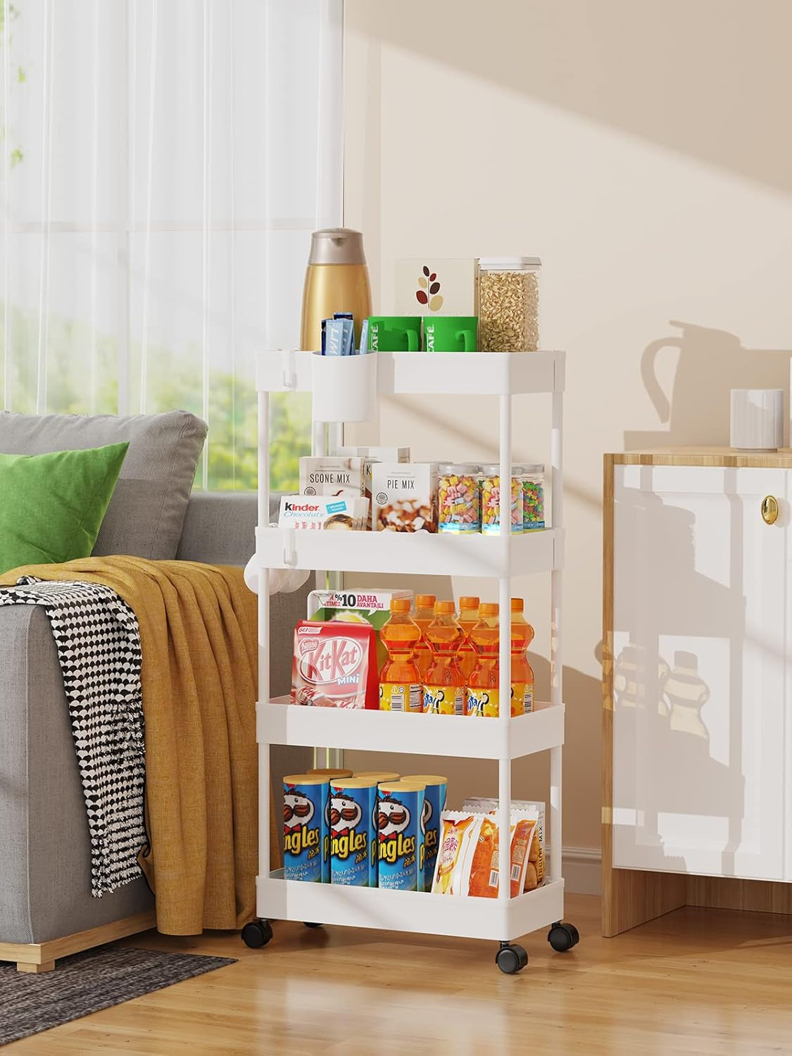 Slim Rolling Storage Cart - 4 Tiers Bathroom Organizer Utility Cart Slide Out Storage Shelves Mobile Shelving Unit for Kitchen, Bedroom, Office, Laundry Room, Small Narrow Spaces (7.1" W+White)