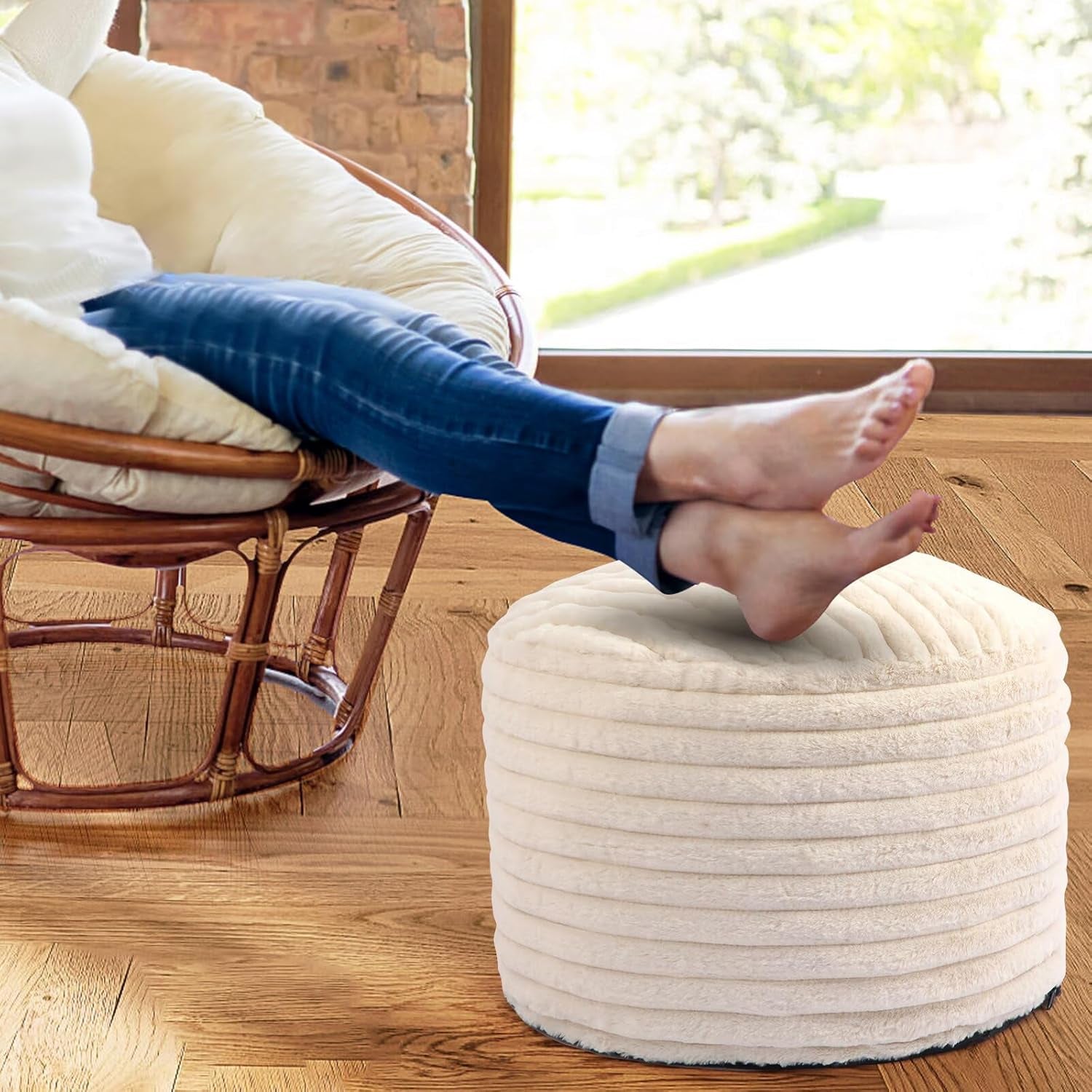 Round Stuffed Pouf Ottoman Foot Rest for Couch round Ottoman with Foam Chunk Filling Stripe Faux Fur Ottomans for Living Room Floor (20"X15",Beige)