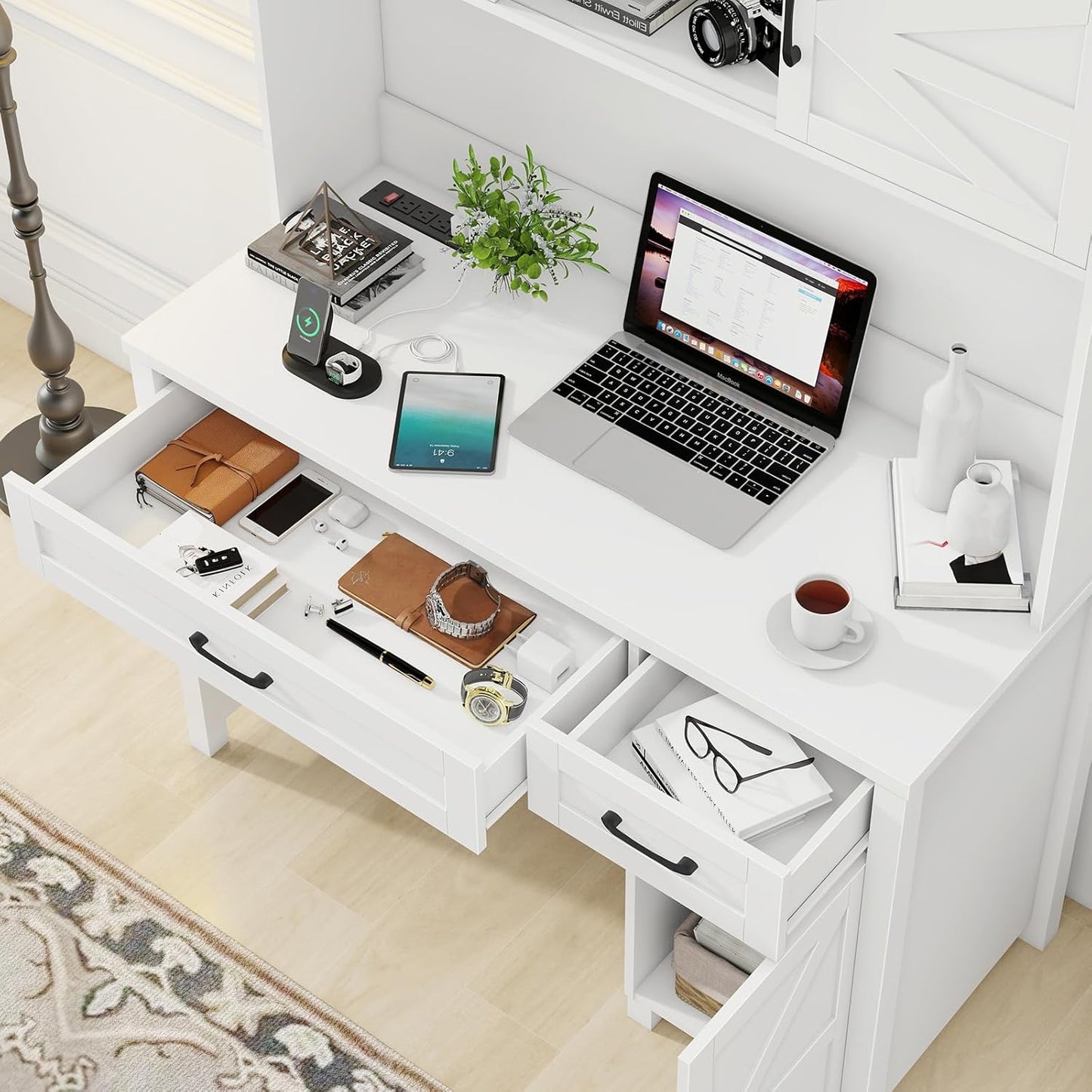 Farmhouse 47" Executive Desk, Computer Desks with 2 Drawers and Storage Cabinet, Home Office Desk with Hutch and Charging Station, Workspace for Work and Study. (Cream White.