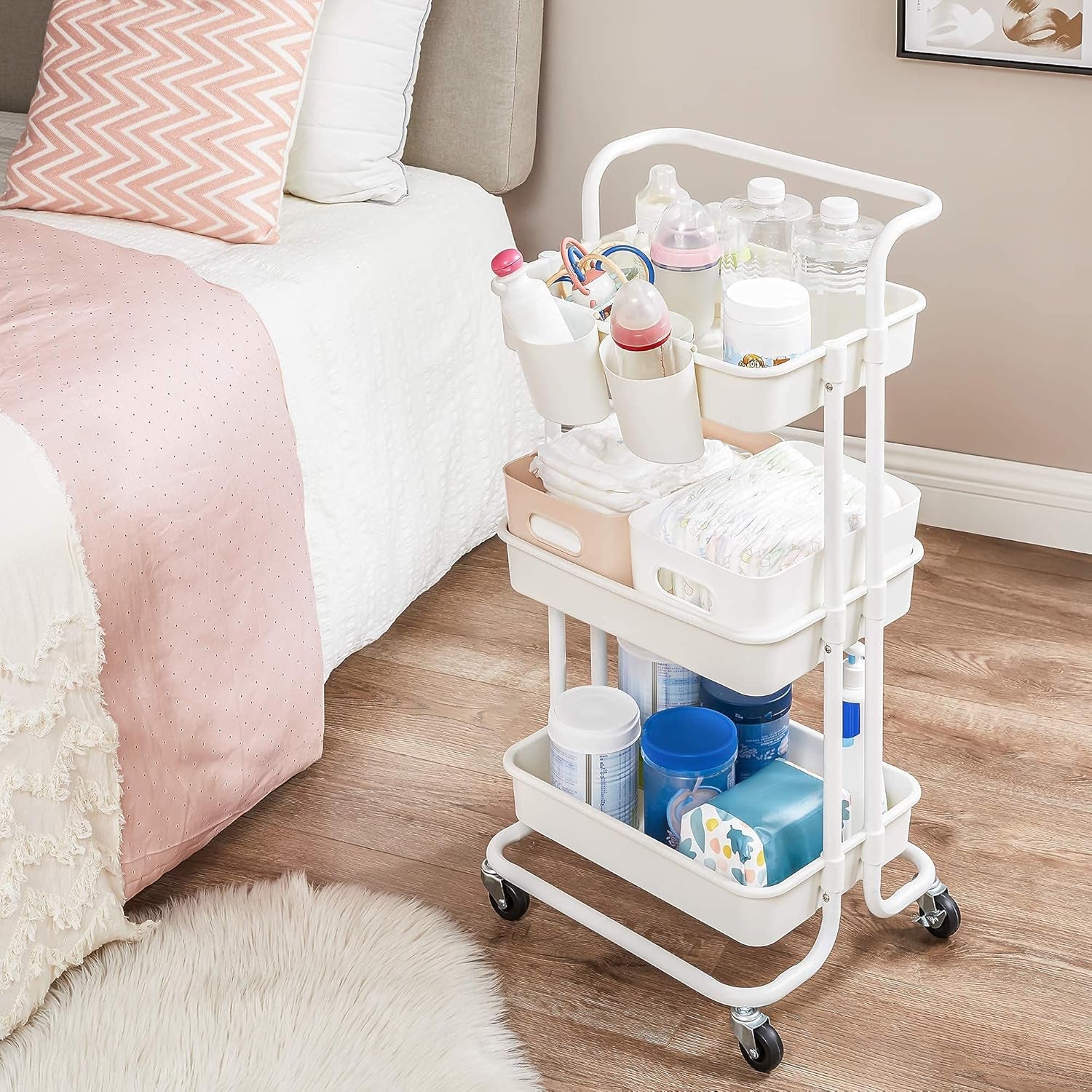 Rolling Cart, 3-Tier Storage Cart, Storage Trolley with Handle 2 Small Organizers, Steel Frame, Plastic Baskets, Utility Cart, Easy Assembly, for Bathroom Laundry Room, White UBSC067W01