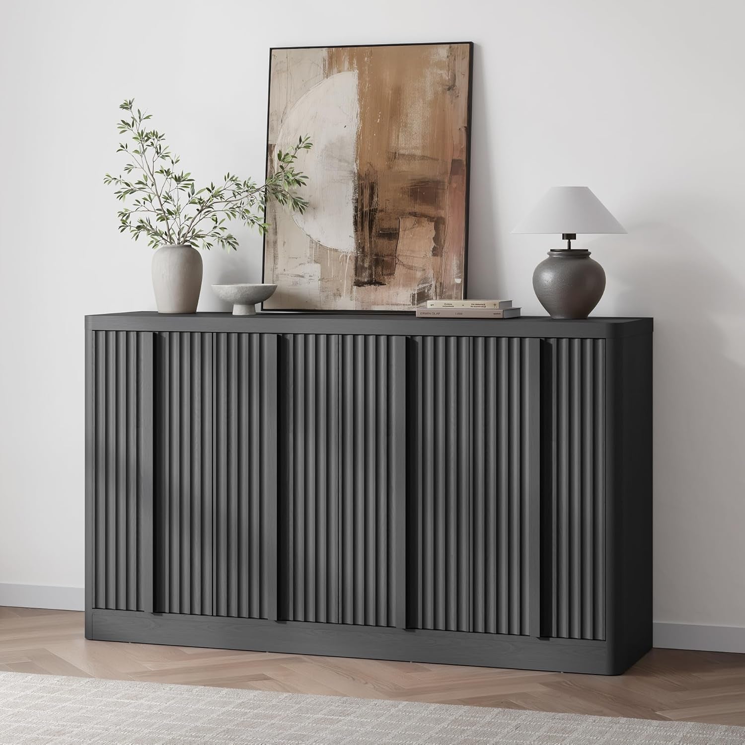 Fluted Buffet Cabinet with Storage, 60" Sideboard Buffet Storage Cabinet with 4 Doors & Adjustable Shelves, Wood Coffee Bar Credenza Accent Cabinet for Kitchen, Living Room, Black(1Pcs)