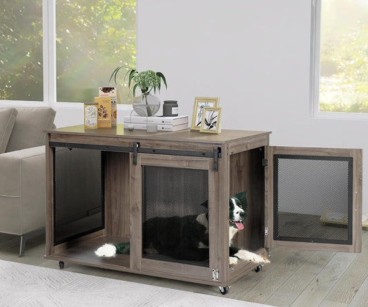 40 Inch Dog Crate Furniture, Wooden Heavy Duty Dog Kennel Indoor, Decorative Dog Cage Table for Large Medium Dogs, with Sliding Doors, Wheels and Flip-Top Plate