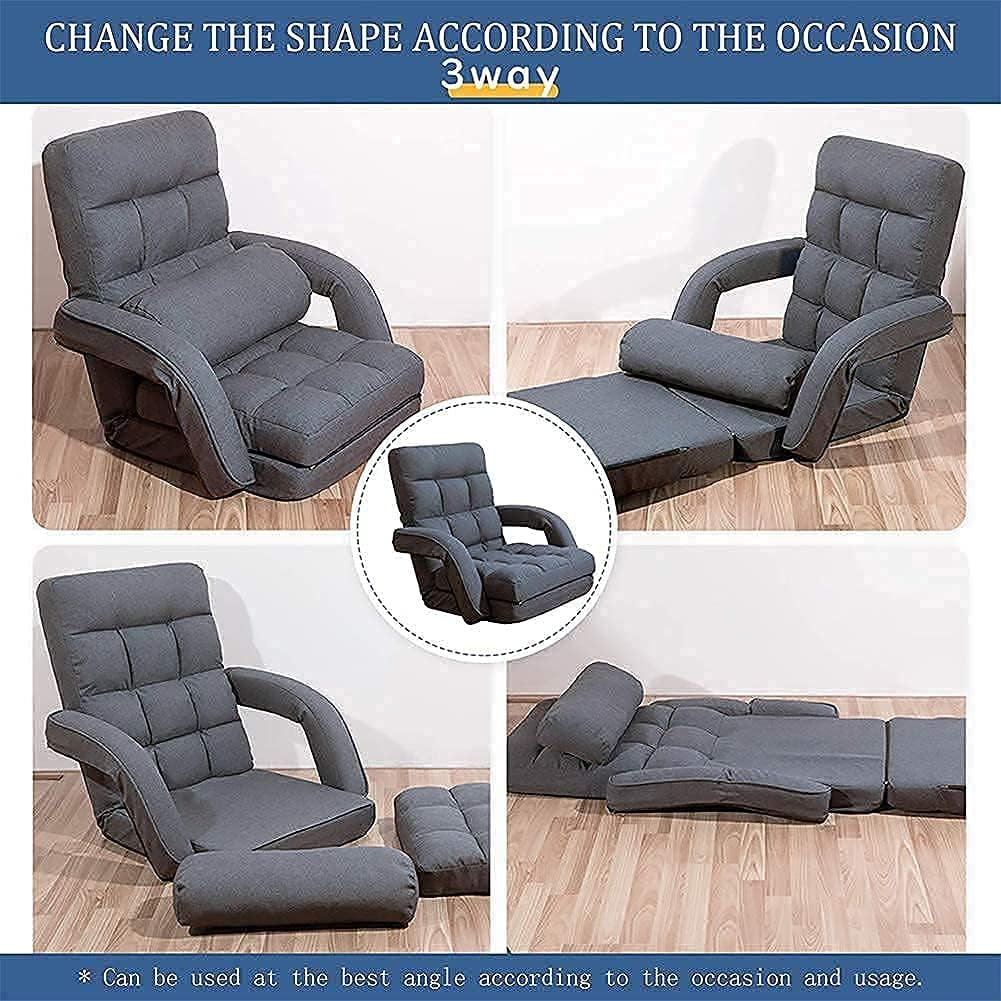 Indoor Floor Gaming Chairs for Adults with Back Support,Chaise Lounge, 14-Position Folding Lazy Sofa with Pillow for Living Room, Bedroom, Balcony(Grey) 8803GR