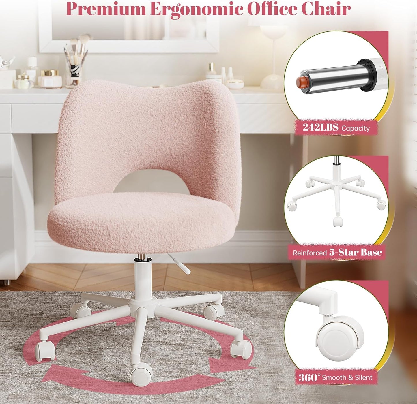 Vanity Chair with Wheels Pink,Cute Vanity Chair with Back,Ultra-Plush Fleece Cute Desk Chair, Small Office Chair Height Adjustable,For Make-Up Room,Bedroom