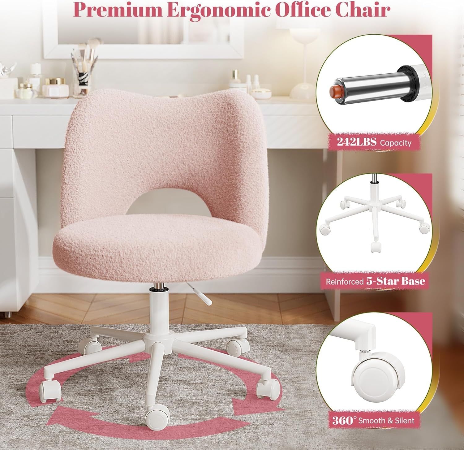 Vanity Chair with Wheels Pink,Cute Vanity Chair with Back,Ultra-Plush Fleece Cute Desk Chair, Small Office Chair Height Adjustable,For Make-Up Room,Bedroom