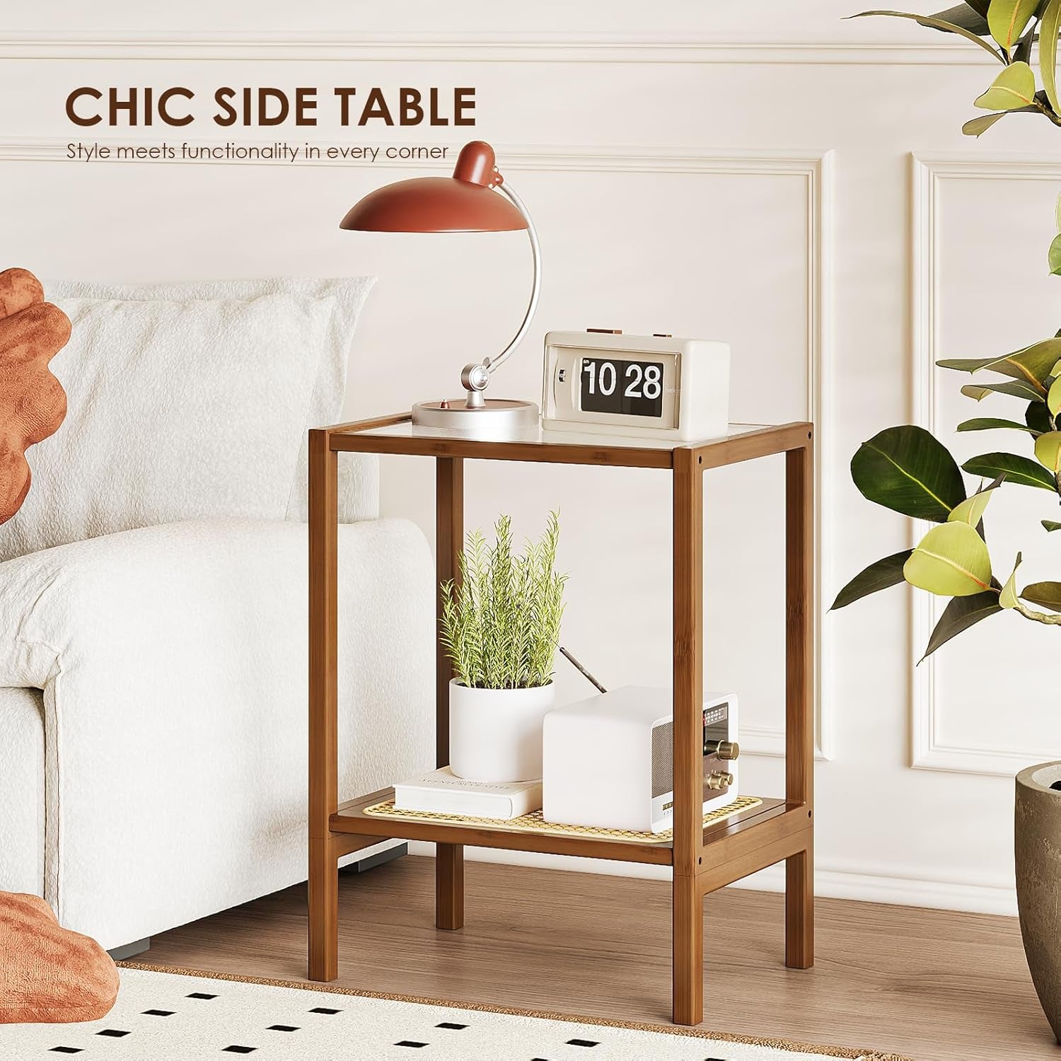 Rattan Side Table Living Room Glasstop Night Stand Boho End Table 2-Tier with Storage Mid Century Modern Bedside Table for Small Spaces Narrow Coffee Table Bamboo