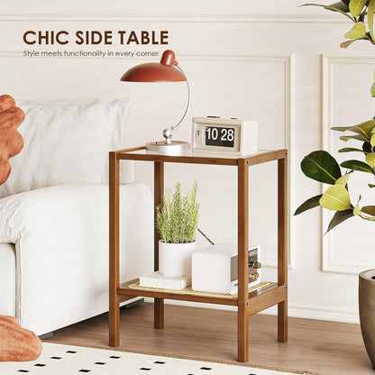 Rattan Side Table Living Room Glasstop Night Stand Boho End Table 2-Tier with Storage Mid Century Modern Bedside Table for Small Spaces Narrow Coffee Table Bamboo