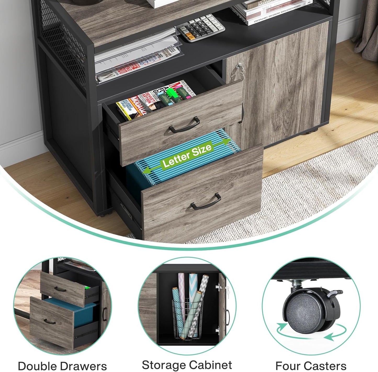 L Shaped Desk with Drawer Cabinet, 63" Executive Computer Desk and Lateral File Cabinet, 2 Piece Home Office Furniture with Drawers for Hanging File, Doors with Locks (Gray, 63 Inches)