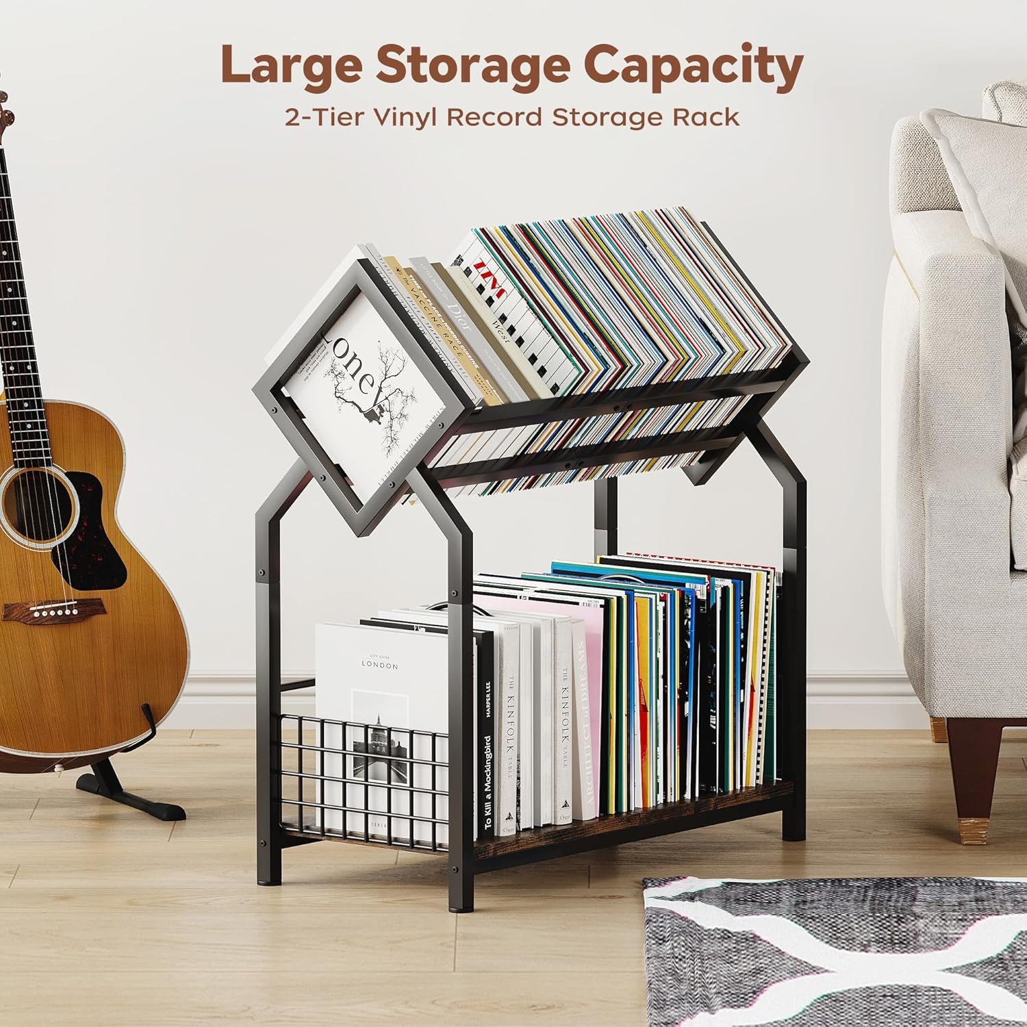 2-Tier Vinyl Record Storage Holder with Dividers, 24.4''W Vinyl Record Display, 300 Lps Vinyl Record Storage Rack, Suitable for Magazines, Books, Documents, Albums