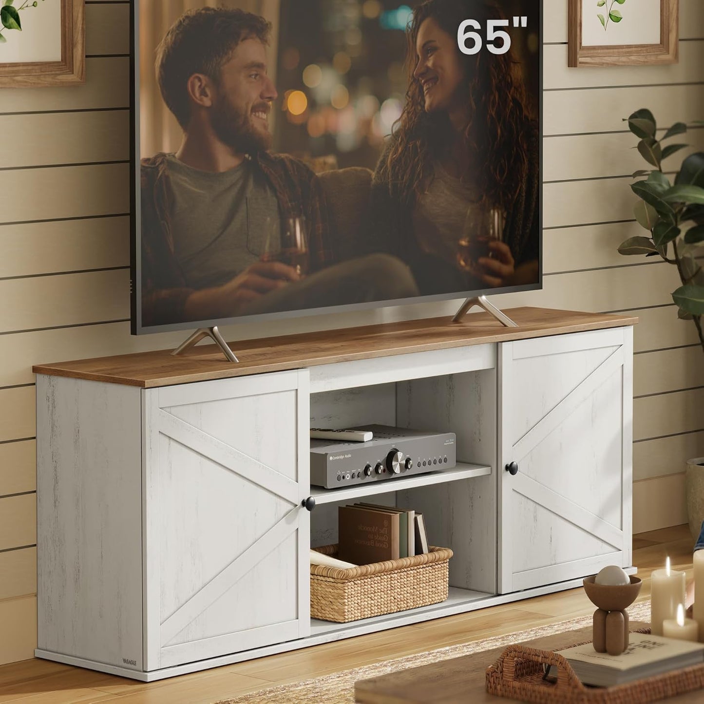 Farmhouse TV Stand for Tvs up to 65 Inches, Entertainment Center with Storage Cabinets and Sliding Barn Doors, Media Console Table for Living Room, Rustic White and Honey Brown ULTV535W01