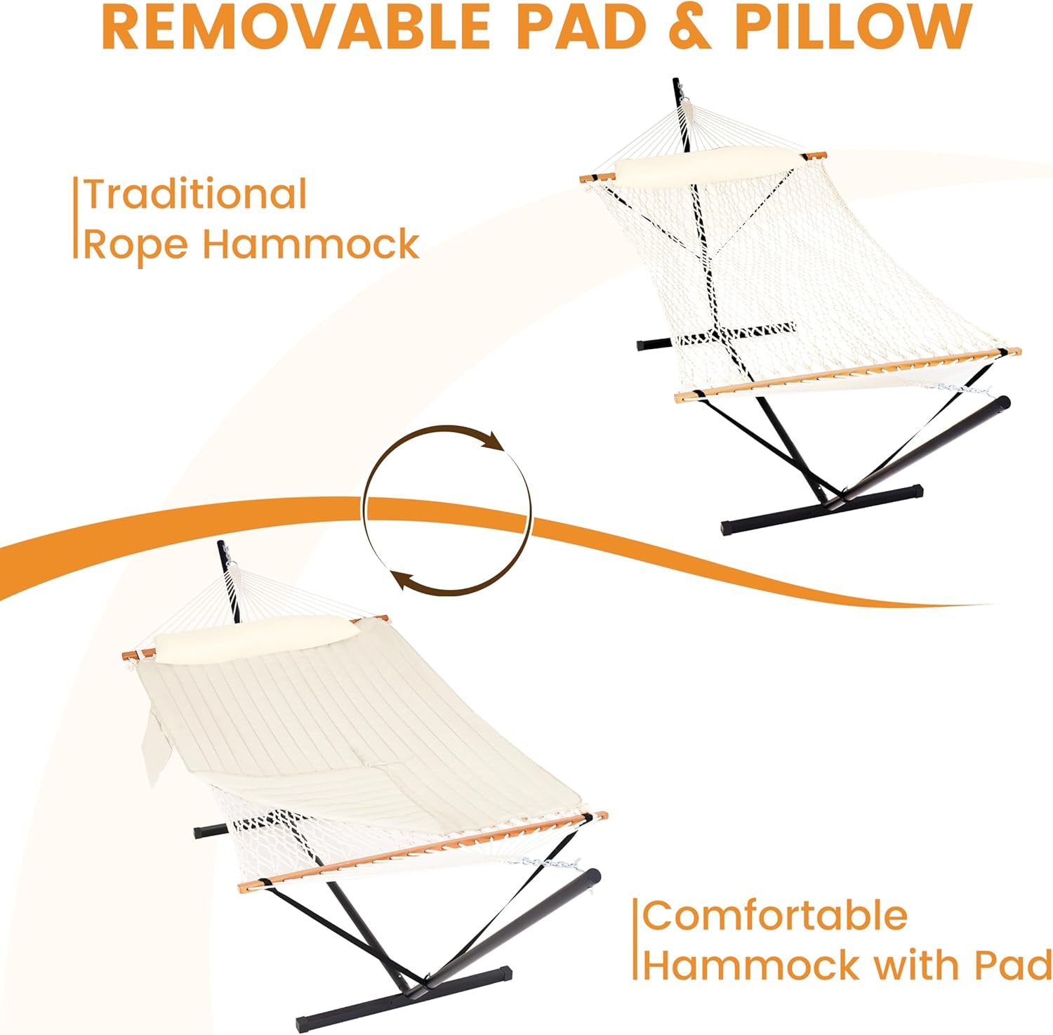 2 Person Portable Hammock with 12FT Stand, Double Hand Woven Cotton Rope Hammock with Detachable Quilted Pad & Pillow for Outside, 450Lb Capacity, Natural