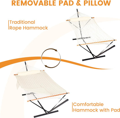 2 Person Portable Hammock with 12FT Stand, Double Hand Woven Cotton Rope Hammock with Detachable Quilted Pad & Pillow for Outside, 450Lb Capacity, Natural