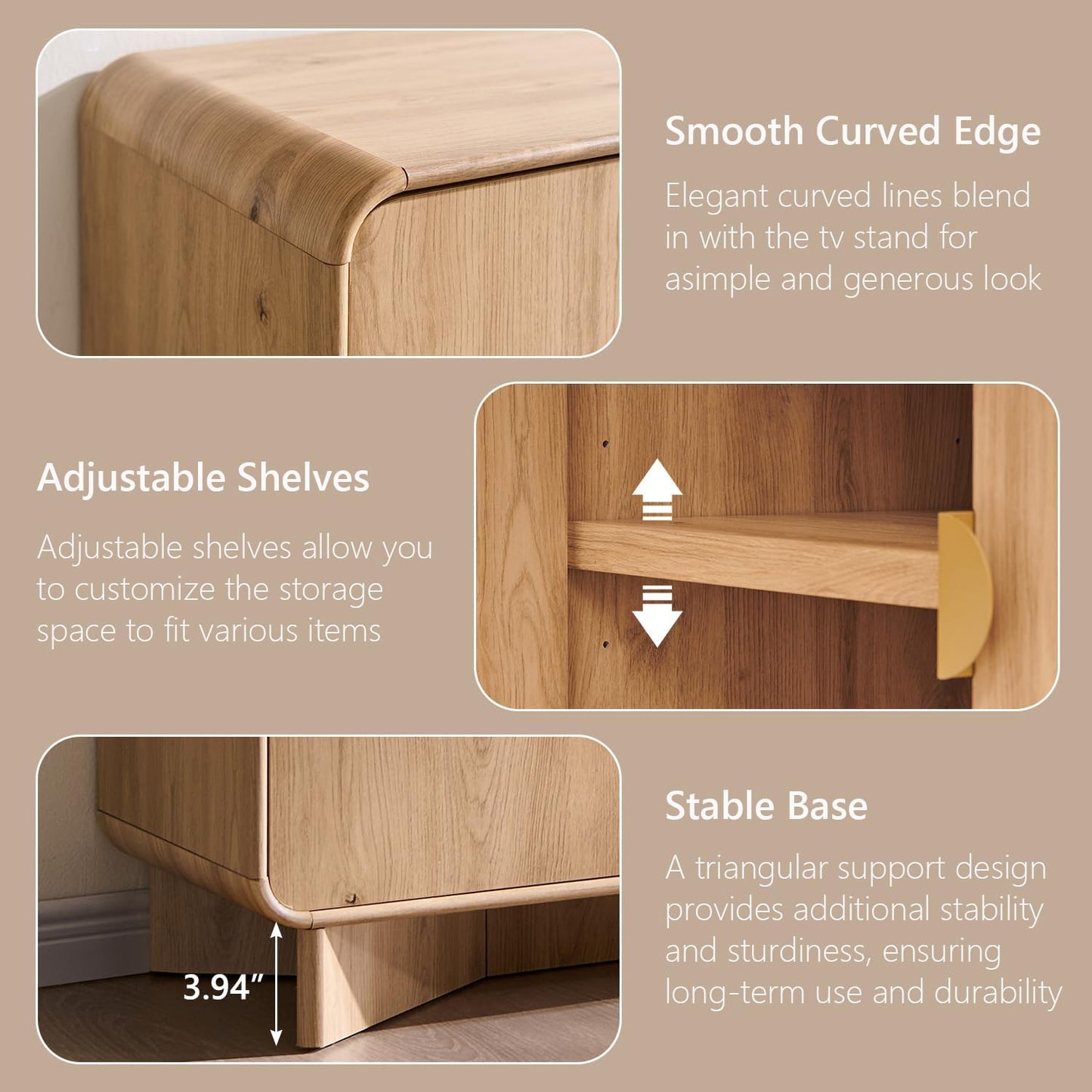 70" Modern TV Stand for Tvs up to 80 Inches, 30" Tall Entertainment Center with Storage and Adjustable Shelves, TV Console with Curved Profile Design, Media Console for Living Room, Natural Oak