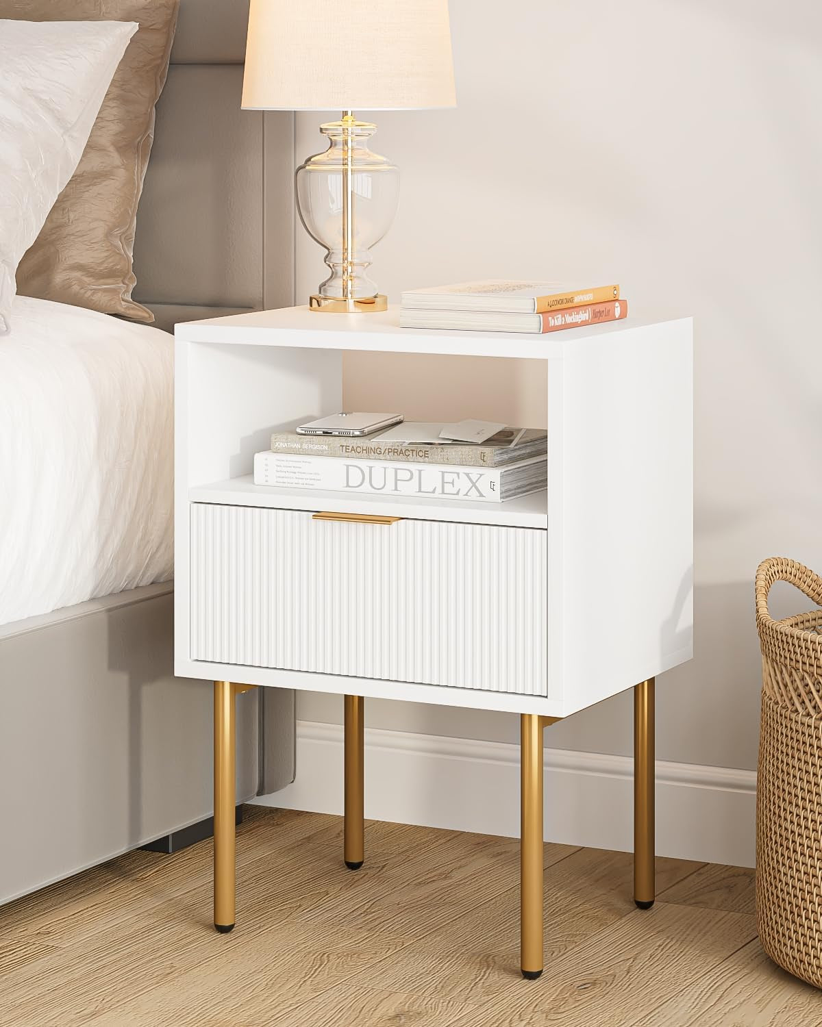 Nightstand,Mid-Century Modern Bedside Table with Storage Drawer and Open Wood Shelf,Small Gold Frame Side Table for Bedroom,Living Room,White