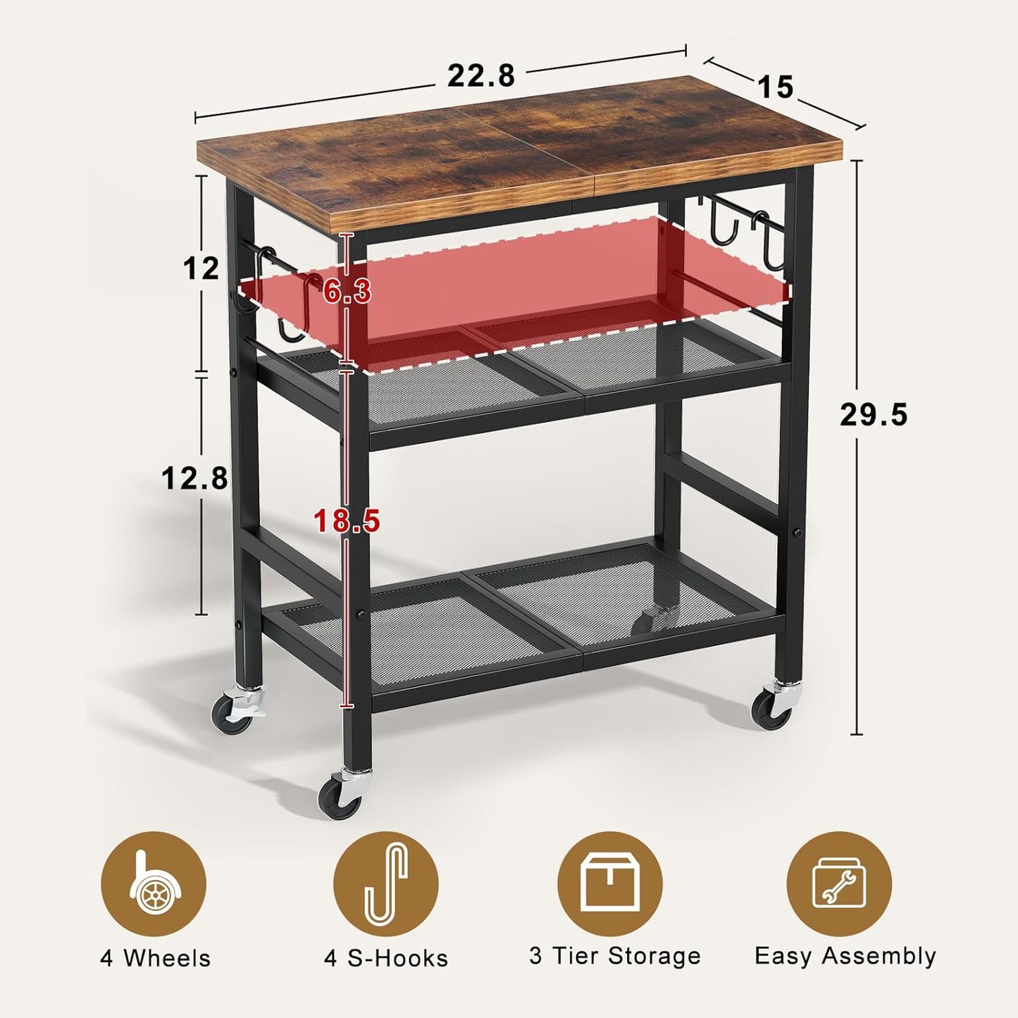 Rolling Kitchen Microwave Cart, 3 Tier Microwave Stand with Wheels, Bathroom Organizers and Storage Shelf, Coffee Bar Table Station, Utility Side Table for Kitchen, Living Room Office, Brown
