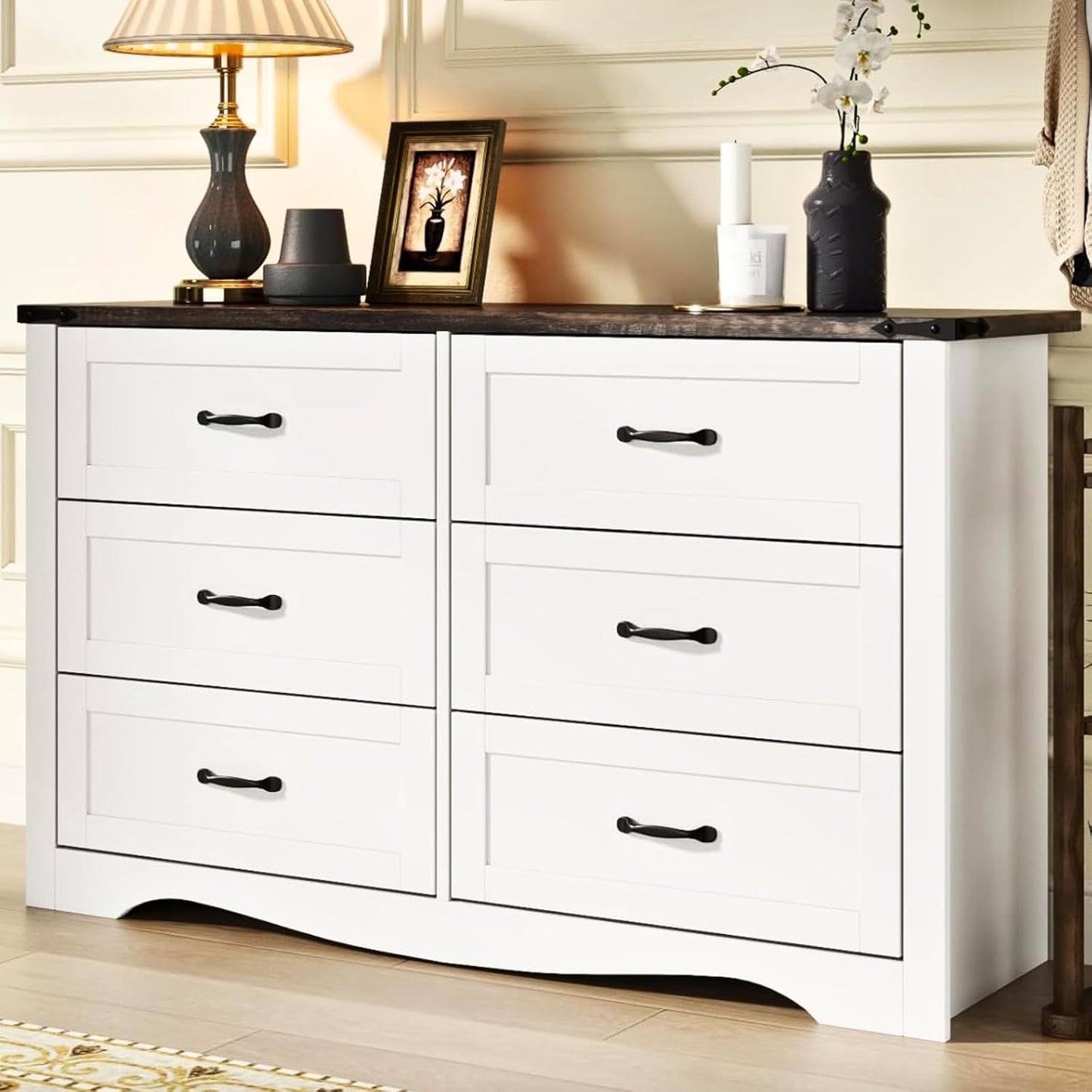 Farmhouse 6 Drawers Double Dresser for Bedroom, Modern White Dresser Chest of Drawers, Wide Dressers Organizer, Accent Storage Cabinet for Closet, Living Room, Hallway, Antique White