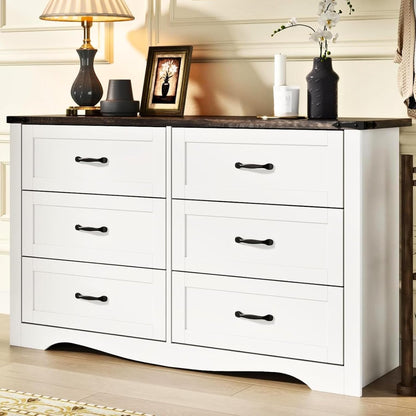 Farmhouse 6 Drawers Double Dresser for Bedroom, Modern White Dresser Chest of Drawers, Wide Dressers Organizer, Accent Storage Cabinet for Closet, Living Room, Hallway, Antique White