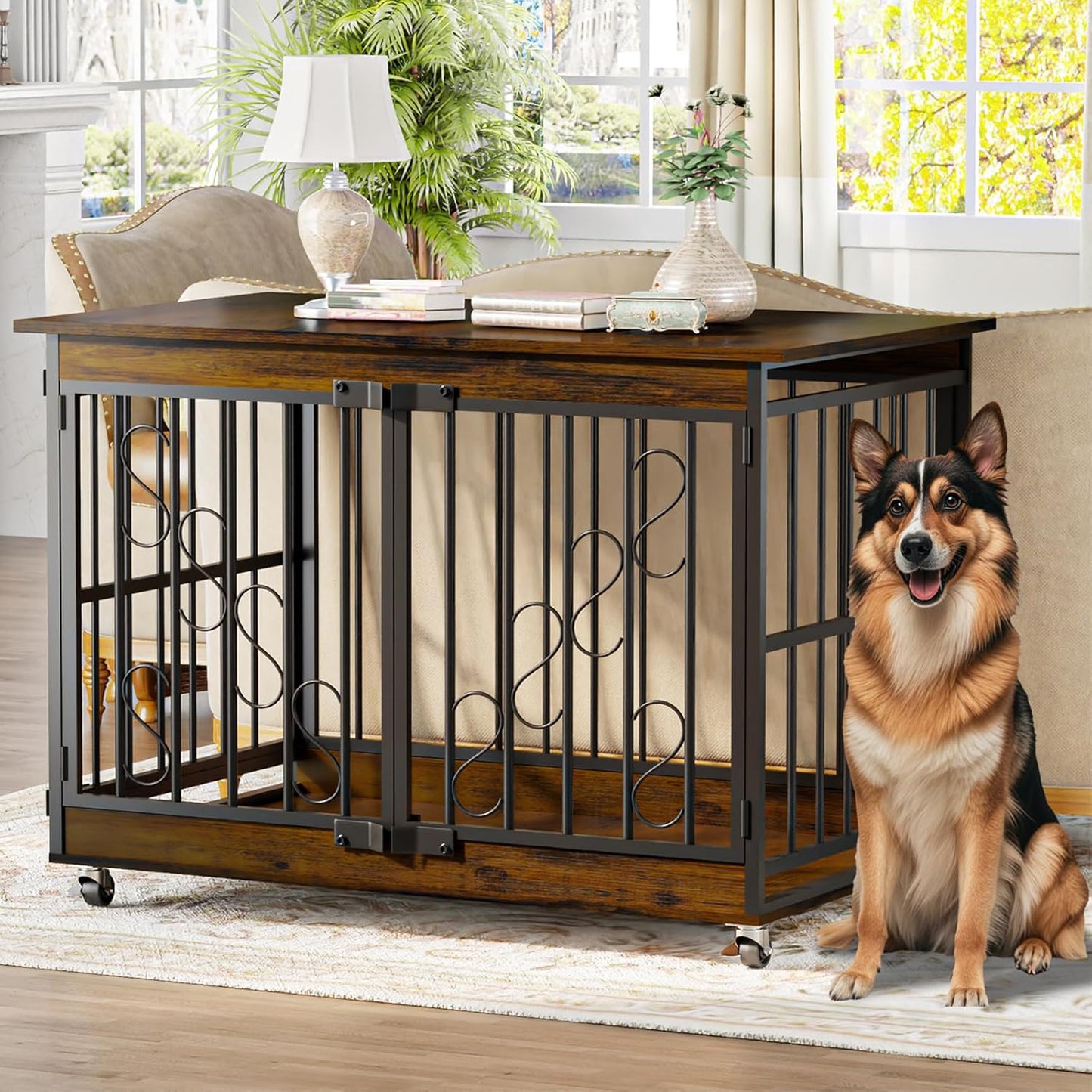Dog Crate Furniture, 48 Inch Dog Crates for Medium/Large Breed, Farmhouse Wood Metal Kennel Indoor Heavy Duty Pet Cage with Caster Wheels (Brown)