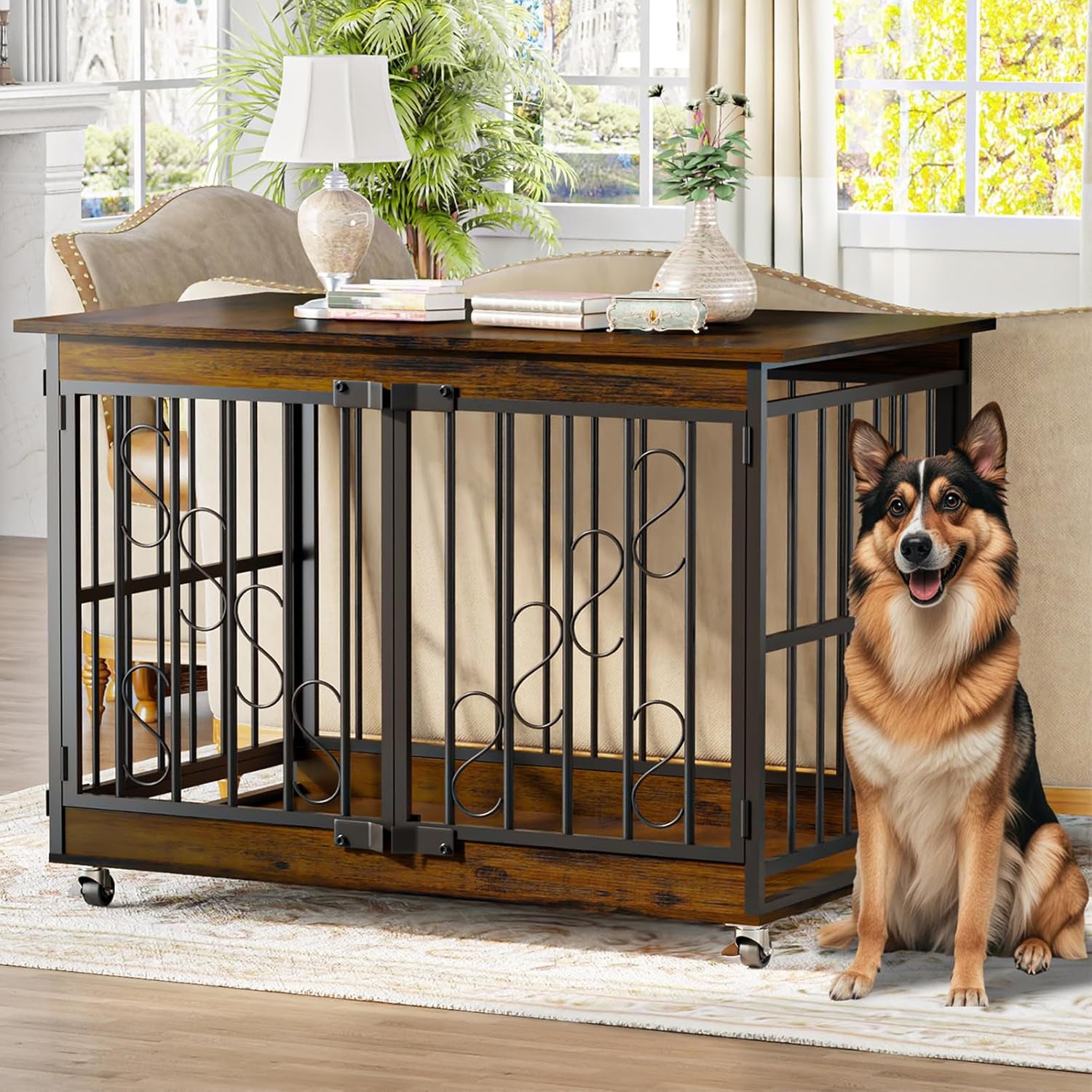 Dog Crate Furniture, 48 Inch Dog Crates for Medium/Large Breed, Farmhouse Wood Metal Kennel Indoor Heavy Duty Pet Cage with Caster Wheels (Brown)