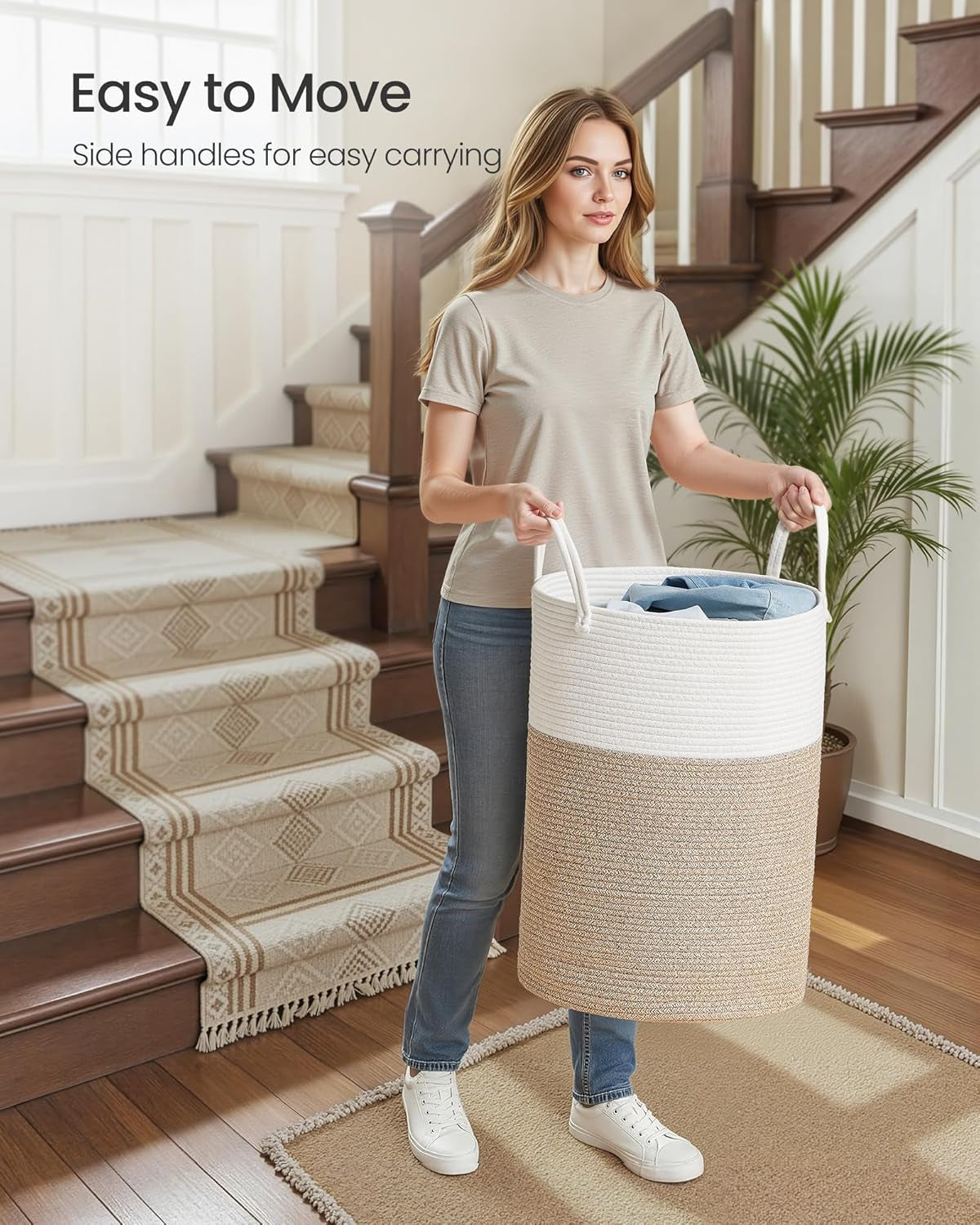 Laundry Hamper, Cotton Rope Laundry Basket with Handles, for Children, Toys, Clothing, Living Room, Bedroom, 21.1 Gallons, 15.7 X 15.7 X 23.6 Inches, White and Grayish Brown URLH062LZ01