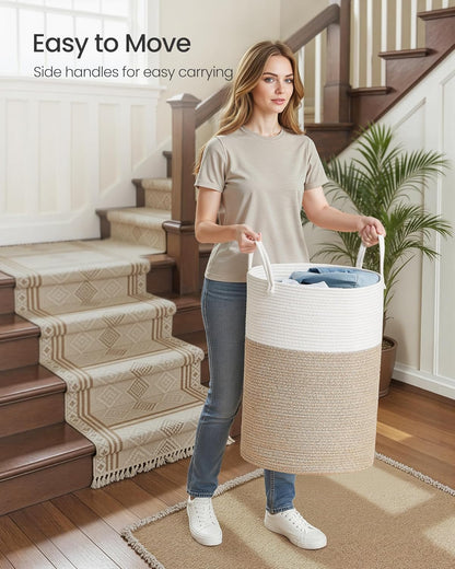 Laundry Hamper, Cotton Rope Laundry Basket with Handles, for Children, Toys, Clothing, Living Room, Bedroom, 21.1 Gallons, 15.7 X 15.7 X 23.6 Inches, White and Grayish Brown URLH062LZ01