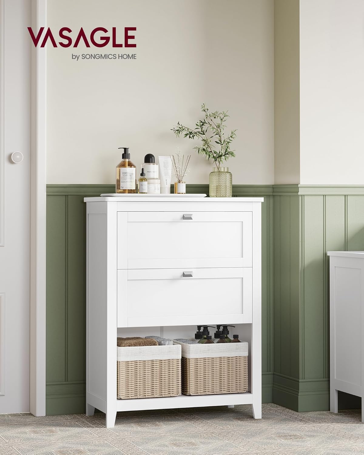 Bathroom Cabinet, Storage Cabinet and Bathroom Organizers, 2 Drawers with 1 Set of Adjustable Divider, 2 Baskets, Sideboard, 11.8 X 23.6 X 31.5 Inches, White UBBC545W02