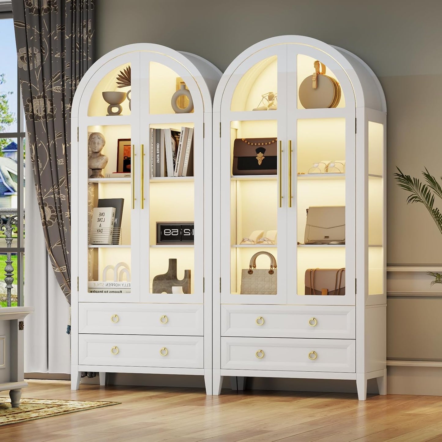 71 Inch Arched Curio Cabinet, 4-Tier Display Cabinet and 2 Drawers, Tall Bookcase with 3 Color Lights, Display Case with Glass Doors, Kitchen Pantry, White