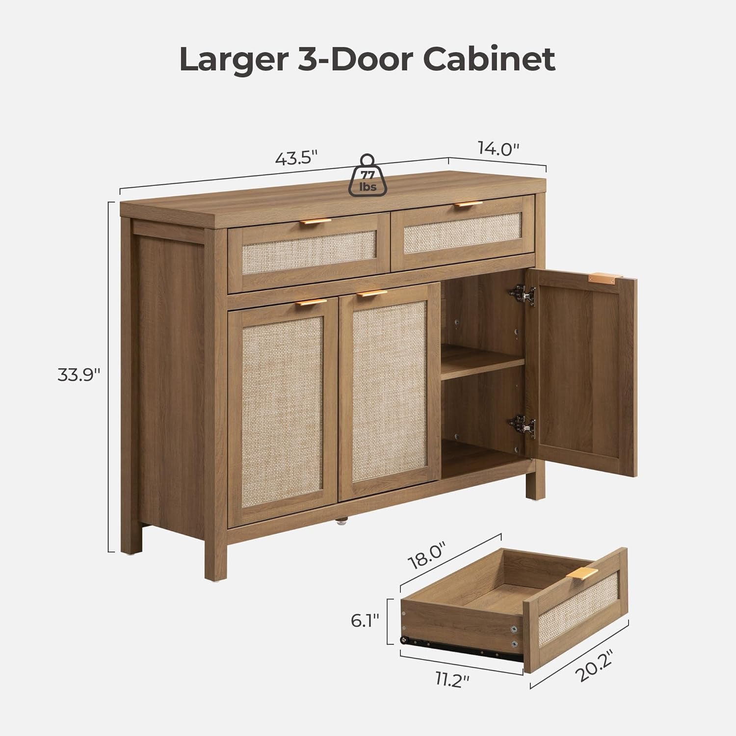 Rattan Sideboard Buffet Cabinet with Storage, Boho Credenza Accent Cabinet with 3 Doors and 2 Drawers, Farmhouse Console Coffee Bar for Kitchen, Living Room, and Entryway, Caramel Oak