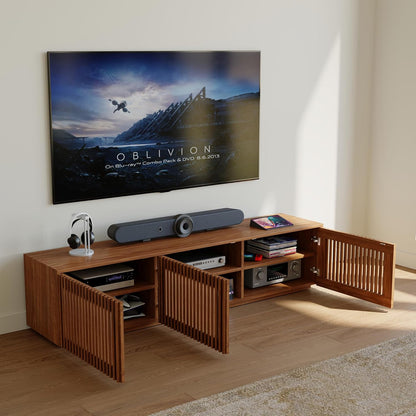 Full Assembled Mid Century Modern TV Stand, Wood Slatted Media Console for 65 Inch TV, Entertainment Center with Storage for Living Room, Low Cabinet with Removable Shelves