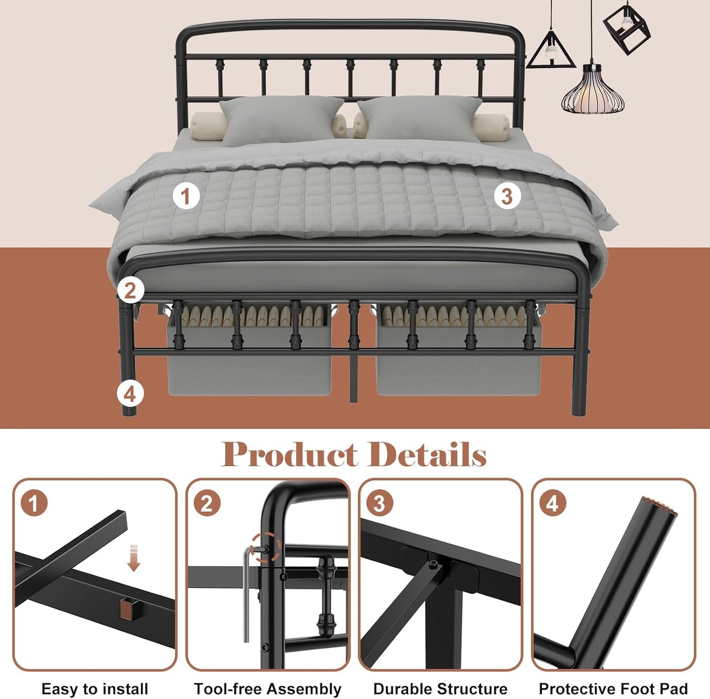 Metal Full Size Bed Frame with Headboard,Victorian Style Headboard and Footboard, No Squeak, Heavy Duty 1500Lbs Support, Easy 20-Min Tool-Free Assembly, No Box Spring Needed/Underbed Storage