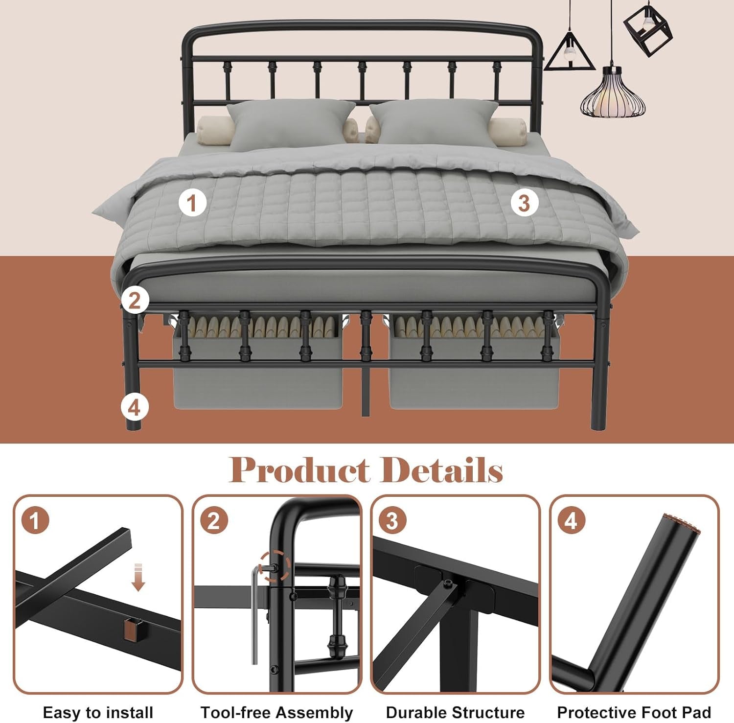 Metal Full Size Bed Frame with Headboard,Victorian Style Headboard and Footboard, No Squeak, Heavy Duty 1500Lbs Support, Easy 20-Min Tool-Free Assembly, No Box Spring Needed/Underbed Storage