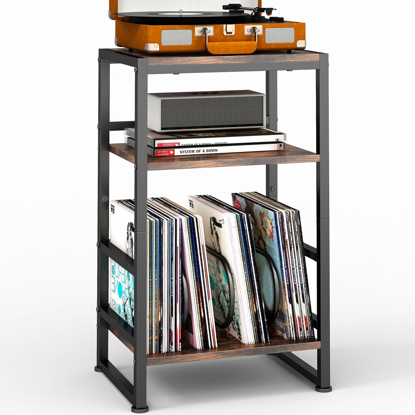 Record Player Stand,3-Tier Record Player Table with U-Shaped Vinyl Storage up to 120 Albums,28" H End Table Turntable Stand with Storage,Record Table Vinyl for Living Room Bedroom