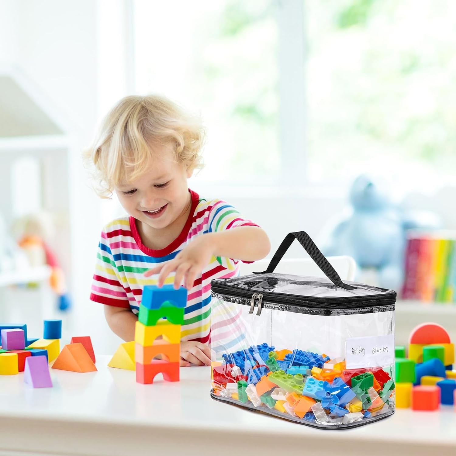 4 Pack Large Clear Storage Bags for Toys with Name Tag, Waterproof Duty PVC Toy Organizer Bag for Building Blocks, Board Games, Puzzles, Stationery and Other Small Items, Storage Bins(12.6X7.9×6.3 In)