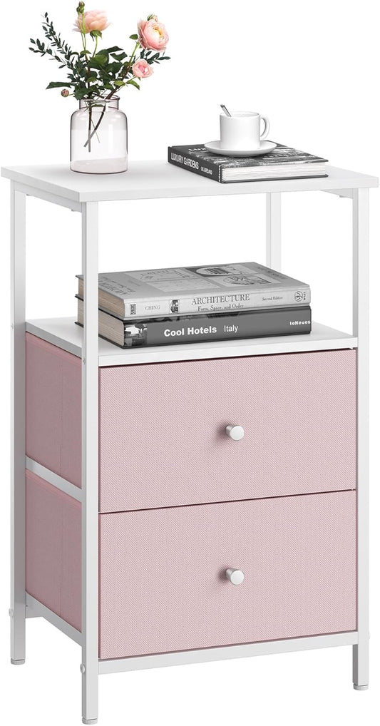 Nightstand, Side Table with 2 Fabric Drawers, 24-Inch Tall End Table with Storage Shelf, Bedroom, Jelly Pink and White ULGS025R05