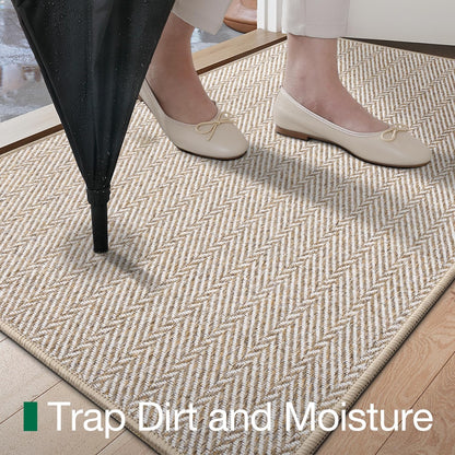 Ultra Thin Indoor Door Mat for Entrance 24"X36", Non Slip Entryway Mat, Low Profile Doormat, Unique Herringbone Design Carpet for Inside, Patio, Porch, Beige