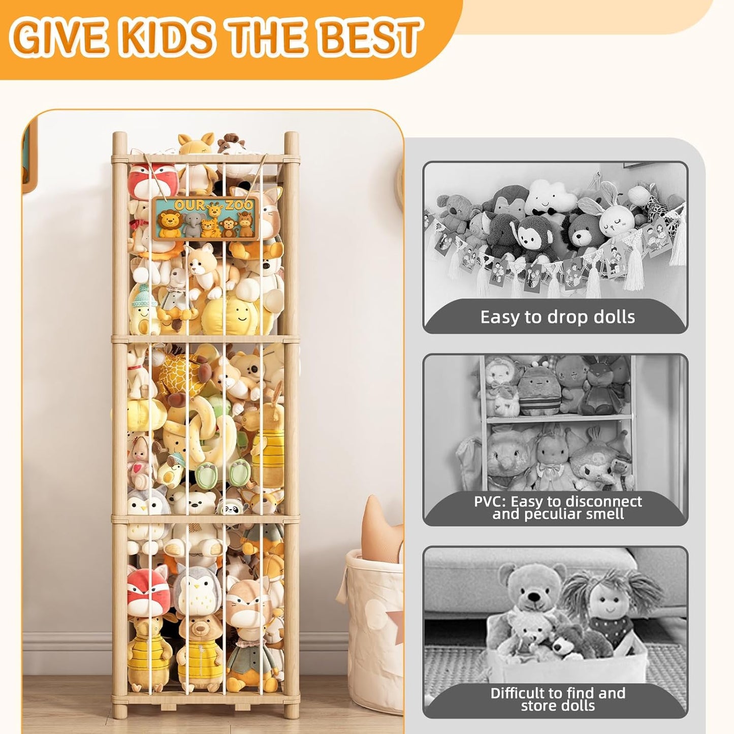 Wooden Stuffed Animals Storage Tower, Vertical Stuffy Animal Zoo Organizer with Nameplate, Large Stuffed Animal Cage for Kids Room, Stuffy Storage Holder for Nursery and Playroom Natural Wood