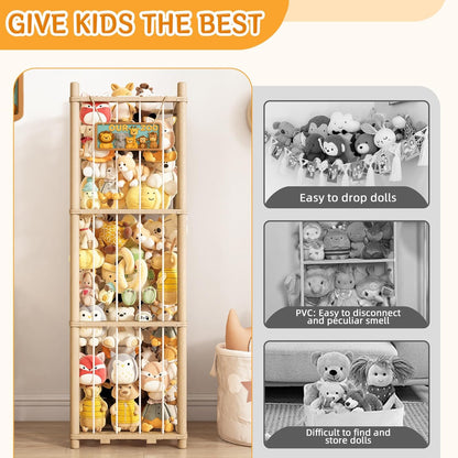 Wooden Stuffed Animals Storage Tower, Vertical Stuffy Animal Zoo Organizer with Nameplate, Large Stuffed Animal Cage for Kids Room, Stuffy Storage Holder for Nursery and Playroom Natural Wood