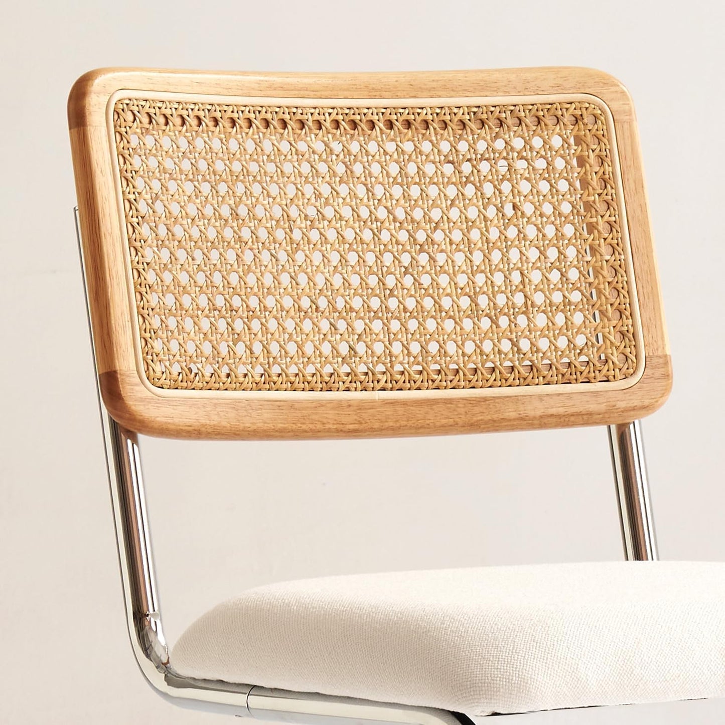 Natural Rattan Counter Height Stools Set of 2 with Solid Wood Back, 24 Inch Mid Century Modern Cesca Bar Stools, White Upholstery Boho Stool for Kitchen Counter with Chrome Metal Legs