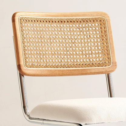 Natural Rattan Counter Height Stools Set of 2 with Solid Wood Back, 24 Inch Mid Century Modern Cesca Bar Stools, White Upholstery Boho Stool for Kitchen Counter with Chrome Metal Legs