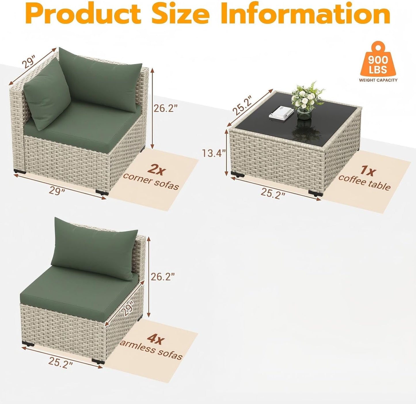 Outdoor Patio Furniture Set, 7-Piece PE Wicker Sectional Sofa with Tea Table, Outdoor Conversation Set for Patio, Garden, Backyard Green
