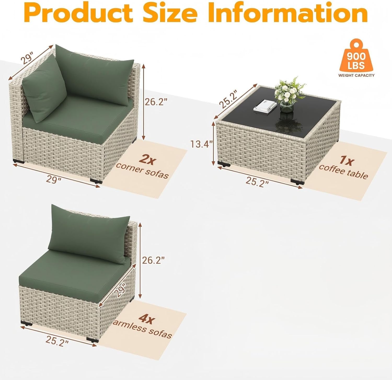 Outdoor Patio Furniture Set, 7-Piece PE Wicker Sectional Sofa with Tea Table, Outdoor Conversation Set for Patio, Garden, Backyard Green