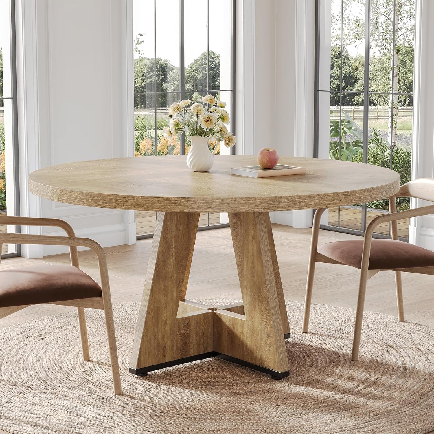 round Dining Table for 4-6 People, 47 Inches Dining Room Table with Wooden Pedestal Base, Circle Kitchen Tables for Dining Room, Kitchen, Living Room, Oak