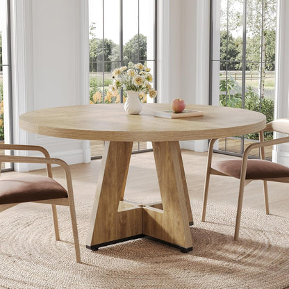 round Dining Table for 4-6 People, 47 Inches Dining Room Table with Wooden Pedestal Base, Circle Kitchen Tables for Dining Room, Kitchen, Living Room, Oak