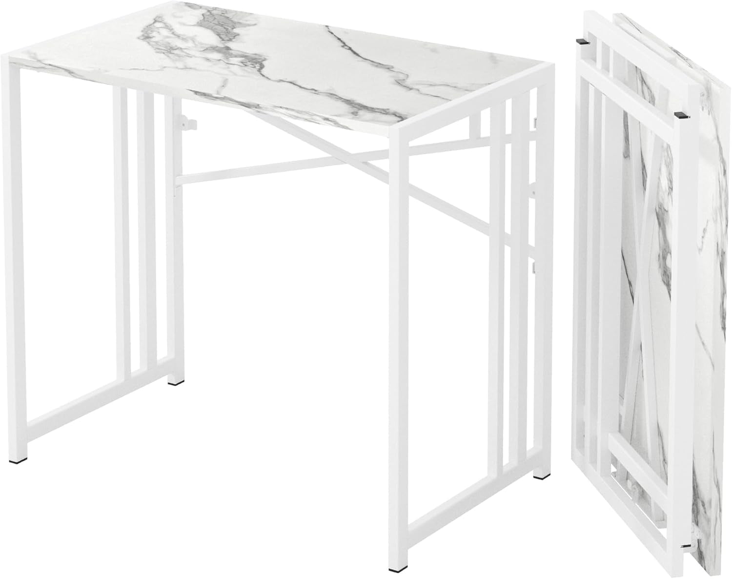35 Inch Folding Small Desk, Writing Gaming Computer Camping Desk for Small Spaces, No Assembly Required Home Office Table, White Marble