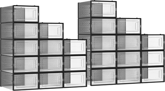 Shoe Boxes, Pack of 24 Shoe Storage Organizers, Stackable Clear Plastic Boxes for Closet, Sneakers, 13.1 X 9.1 X 5.6 Inches, Fit up to US Size 11, Transparent and Black ULSP906B12